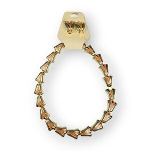 Vintage Enamel Chain Necklace Earrings Set 80s Orange Green Clip On Geometric